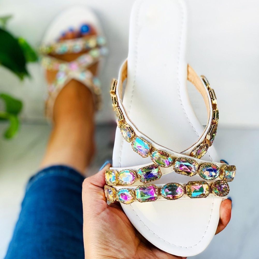 White Ab Silver Iridescent gemstone slide sandal